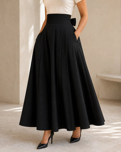 Gonna midi donna a vita alta con fiocco e tasche — image 1