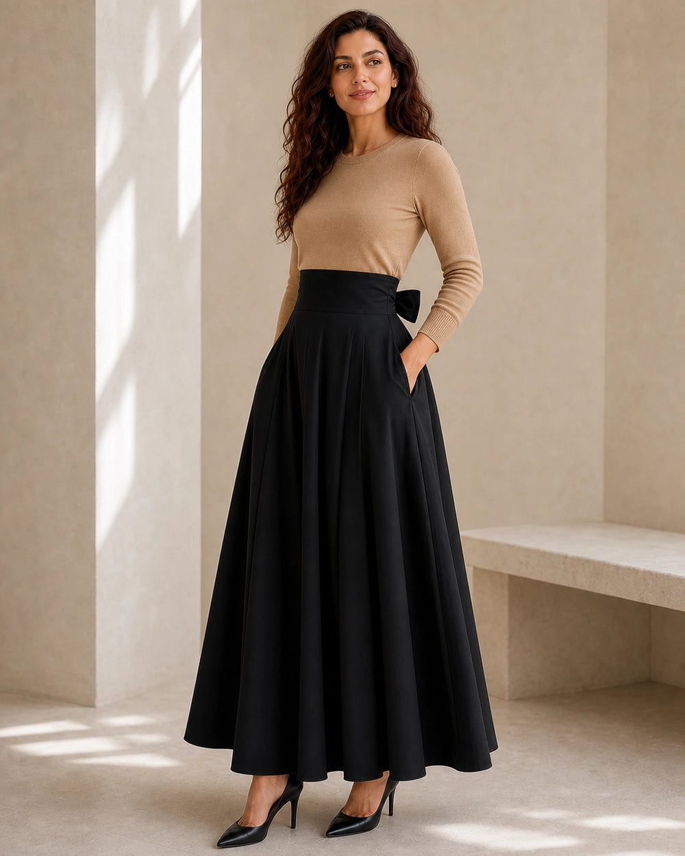 Gonna midi donna a vita alta con fiocco e tasche — image 7