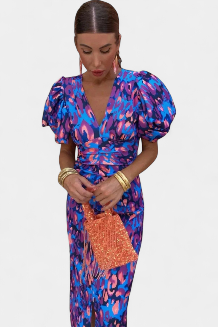 Mira Bold Print Dress | Puff Sleeves, Ruched Waist
