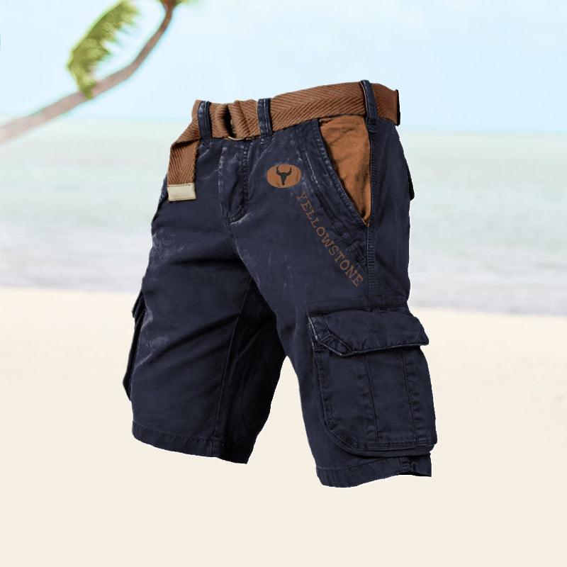 Momount Uomo Pantaloncini Cargo – Cotone Lavato con Cintura Vintage Anticato Lunghezza al Ginocchio