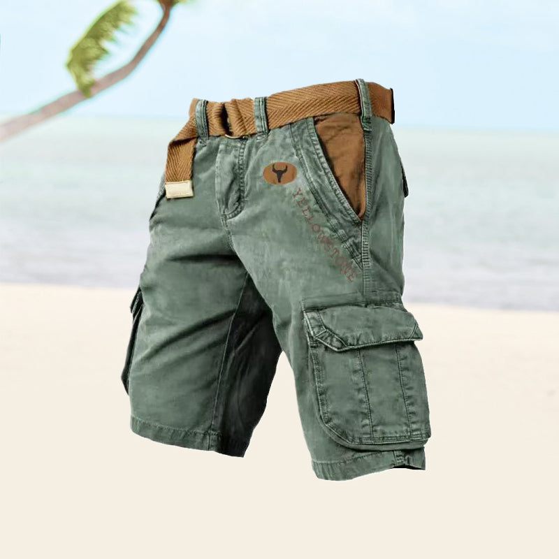Momount Uomo Pantaloncini Cargo – Cotone Lavato con Cintura Vintage Anticato Lunghezza al Ginocchio