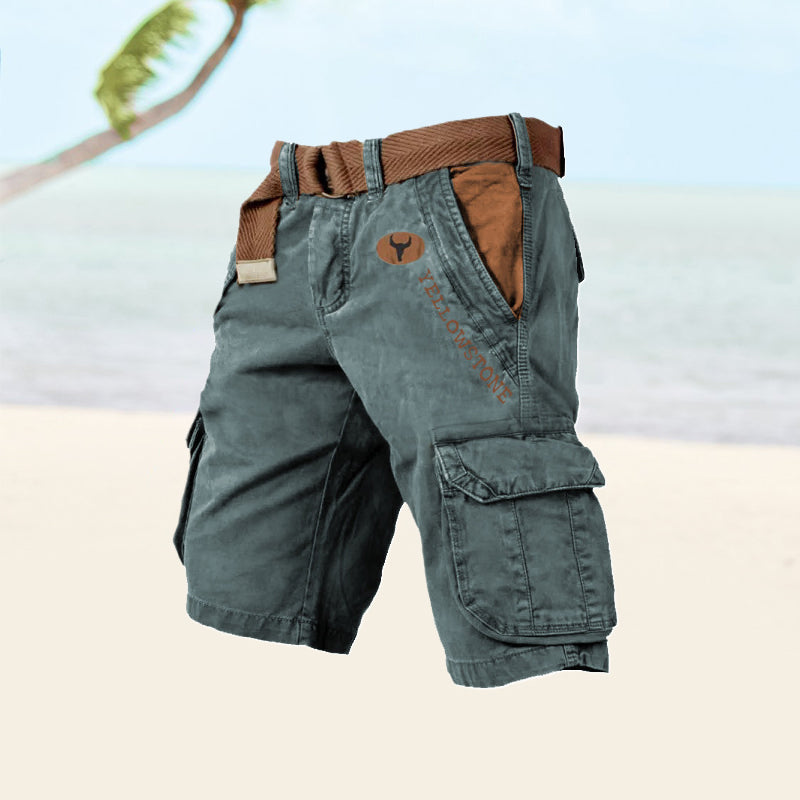 Momount Uomo Pantaloncini Cargo – Cotone Lavato con Cintura Vintage Anticato Lunghezza al Ginocchio