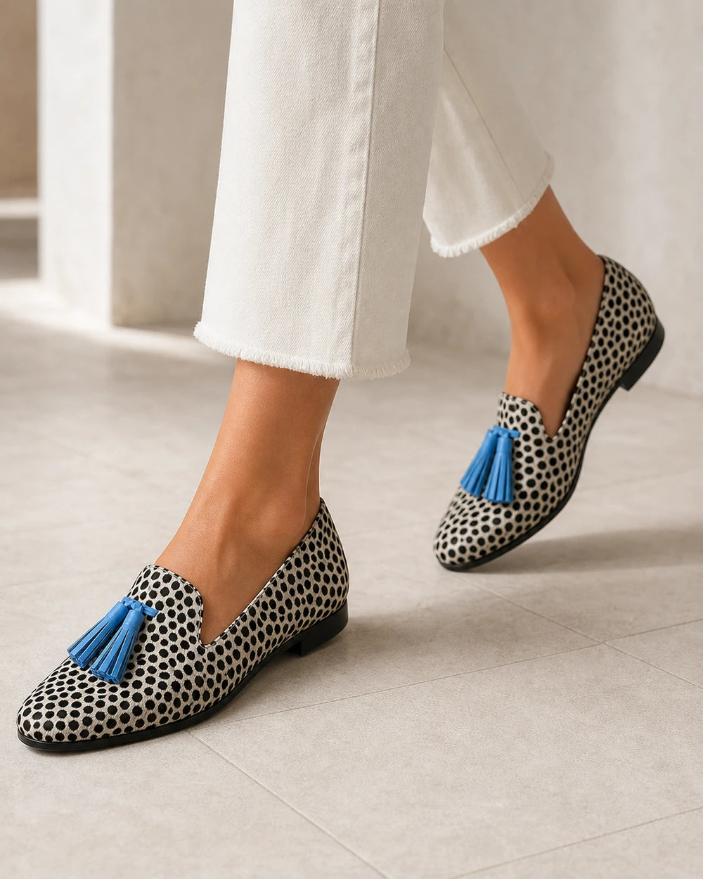 Mocassini donna animalier con nappine blu — immagine del prodotto 7