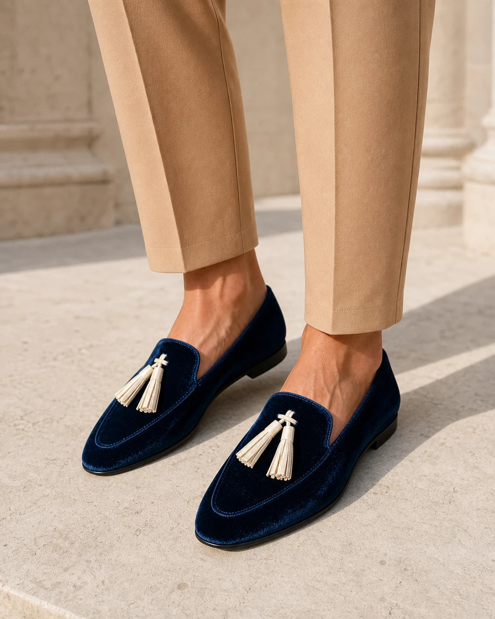 Mocassini donna blu navy vellutati con nappine — immagine del prodotto 2