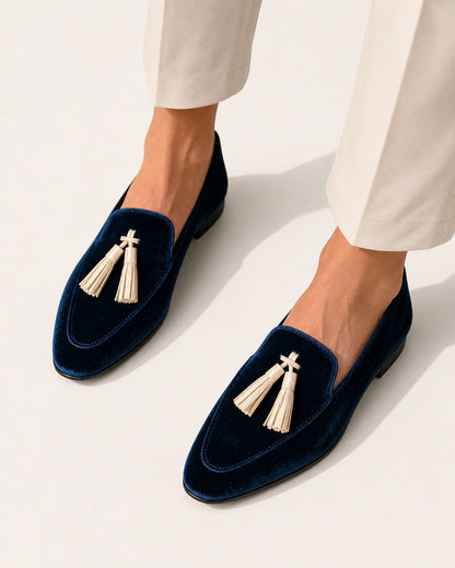 Mocassini donna blu navy vellutati con nappine — immagine del prodotto 5