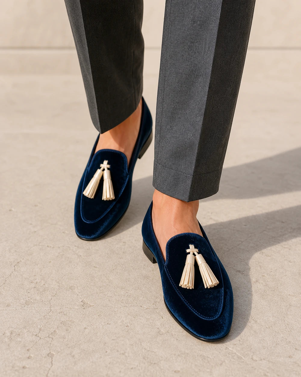 Mocassini donna blu navy vellutati con nappine — immagine del prodotto 7