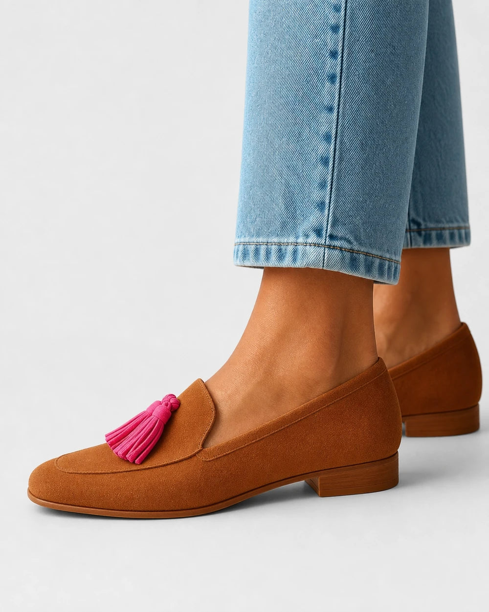 Mocassini donna cognac con nappine rosa — immagine del prodotto 4