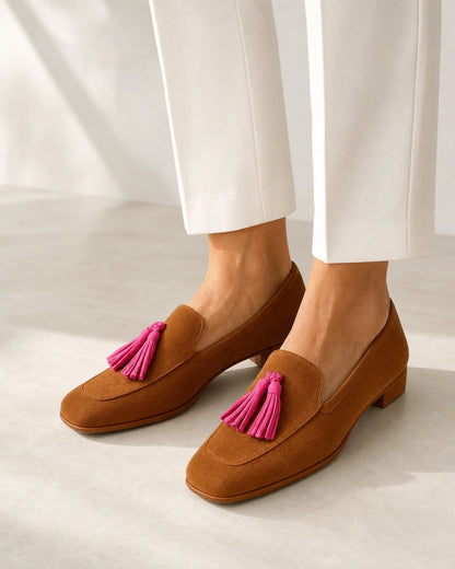 Mocassini donna cognac con nappine rosa — immagine del prodotto 8