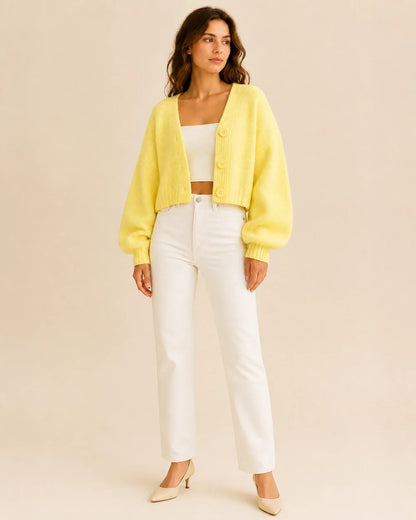 Women's yellow cropped balloon-sleeve cardigan, full-length styled view