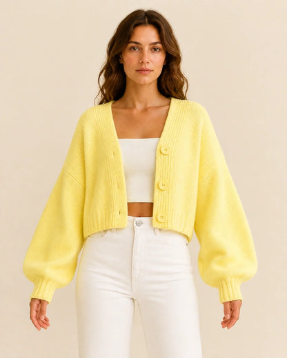 Women's yellow cropped balloon-sleeve cardigan, straight front view