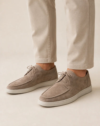 Men wearing beige lace-up suede-effect moccasins, close product-first view.