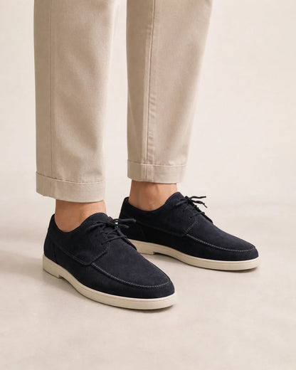 Men wearing black lace-up suede-effect moccasins, close product-first view.