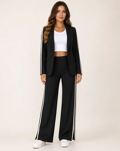Women's striped relaxed blazer and wide-leg trousers set – 02 black front