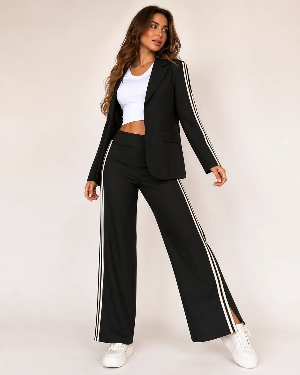 Women's striped relaxed blazer and wide-leg trousers set – 03 black three quarter