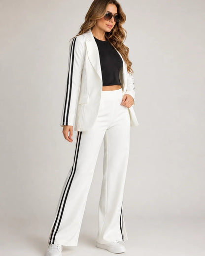 Women's striped relaxed blazer and wide-leg trousers set – 09 white hero