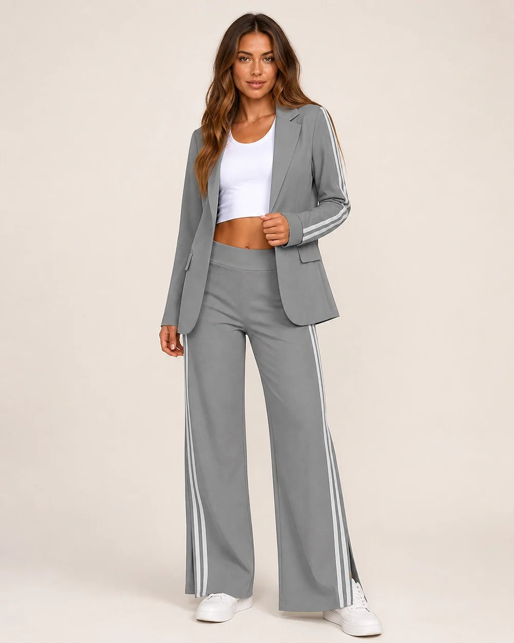 Women's striped relaxed blazer and wide-leg trousers set – 11 grey hero