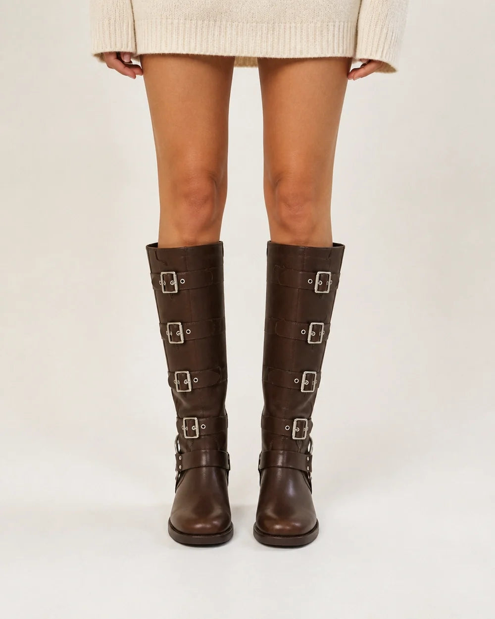 Brown knee-high multi-buckle biker boots front view