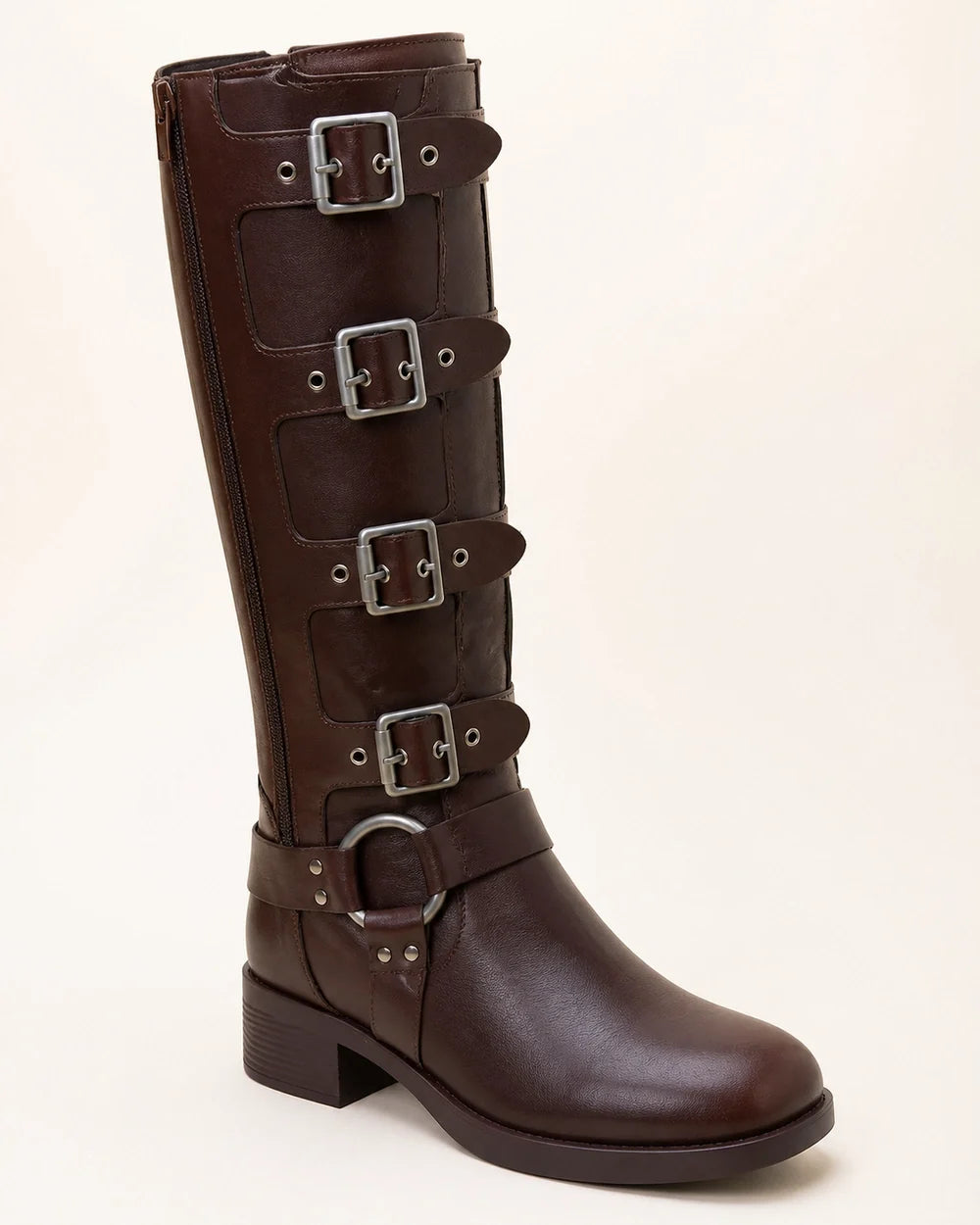 Brown knee-high biker boot buckle zip and leather-look detail