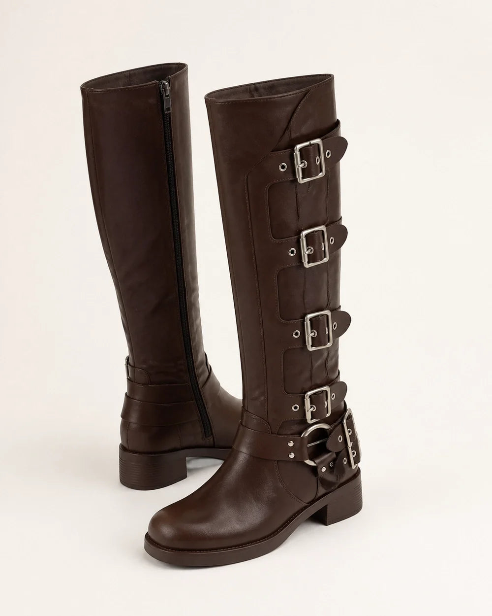 Brown knee-high multi-buckle biker boots product-only pair