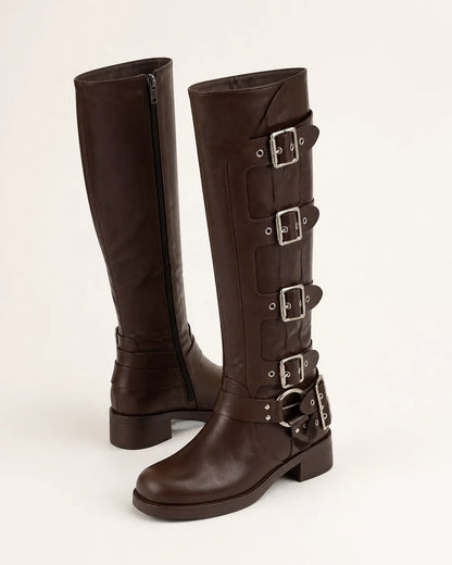 Brown knee-high multi-buckle biker boots product-only pair