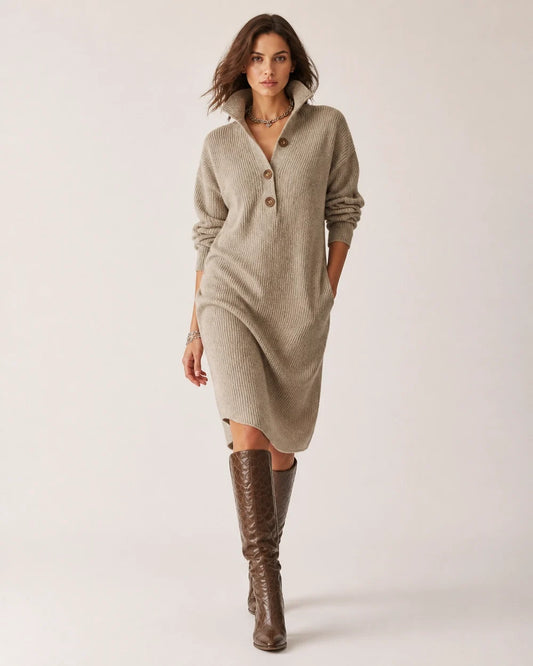 Khaki collared three-button knit dress worn front three-quarter