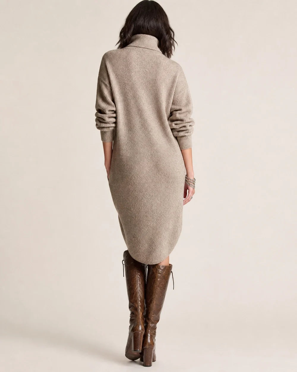 Khaki collared three-button knit dress back view
