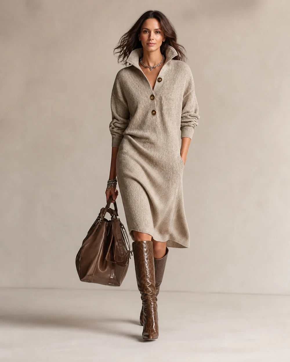 Khaki collared three-button knit dress in movement