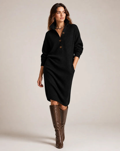 Black collared three-button knit dress worn view