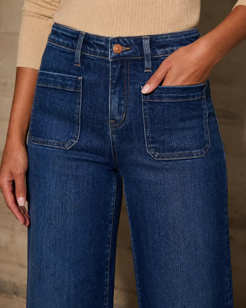 Column jeans waistband and patch pocket detail