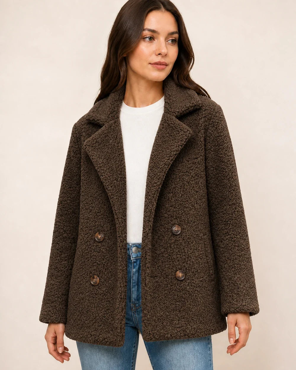 Brown double-breasted teddy coat worn, color view.
