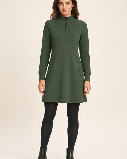 Army Green high-neck half-zip knit dress front silhouette