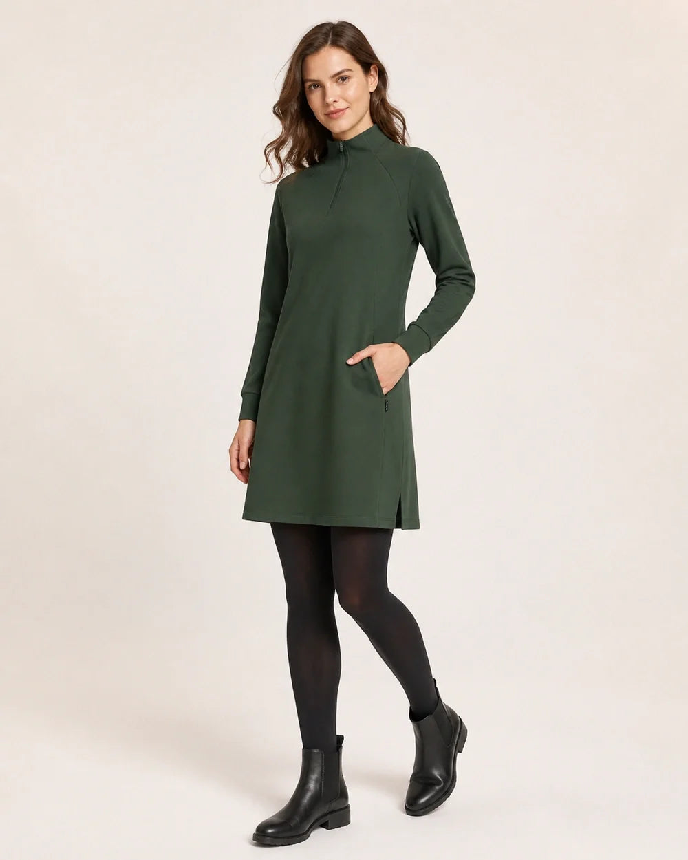 Army Green high-neck half-zip knit dress three-quarter view