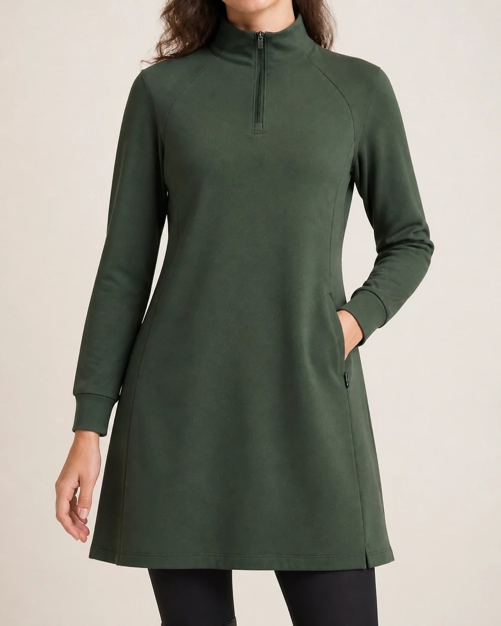 Army Green high-neck half-zip knit dress collar pocket and fabric detail