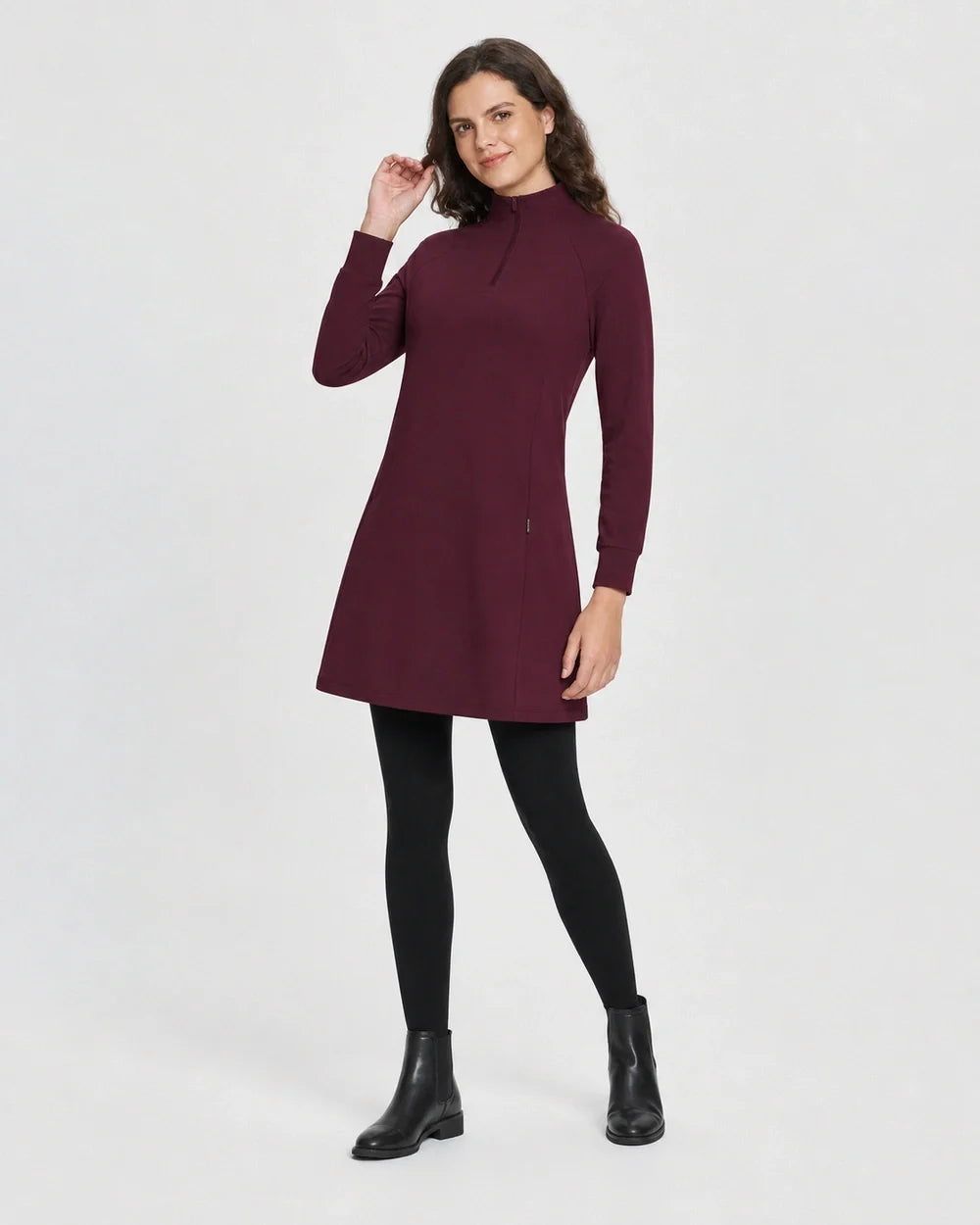 Wine Red high-neck half-zip knit dress worn view