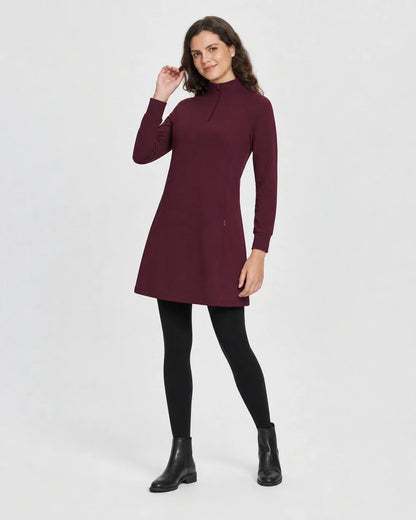 Wine Red high-neck half-zip knit dress worn view