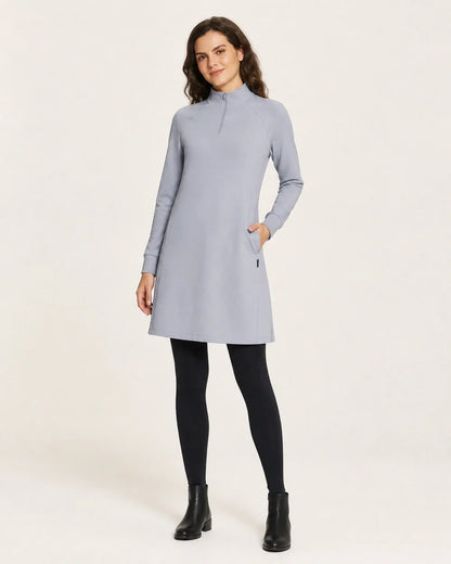 Grey high-neck half-zip knit dress worn view