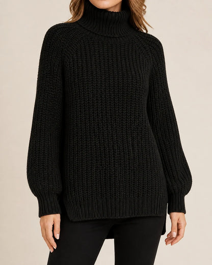 Women's high-neck raglan chunky-knit sweater, black hero