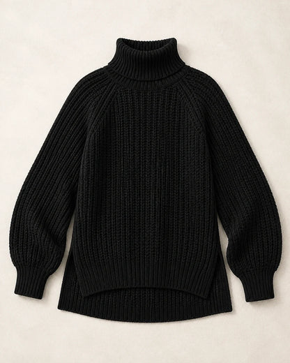 Women's high-neck raglan chunky-knit sweater, black flatlay