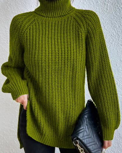 Women's high-neck raglan chunky-knit sweater, light green hero
