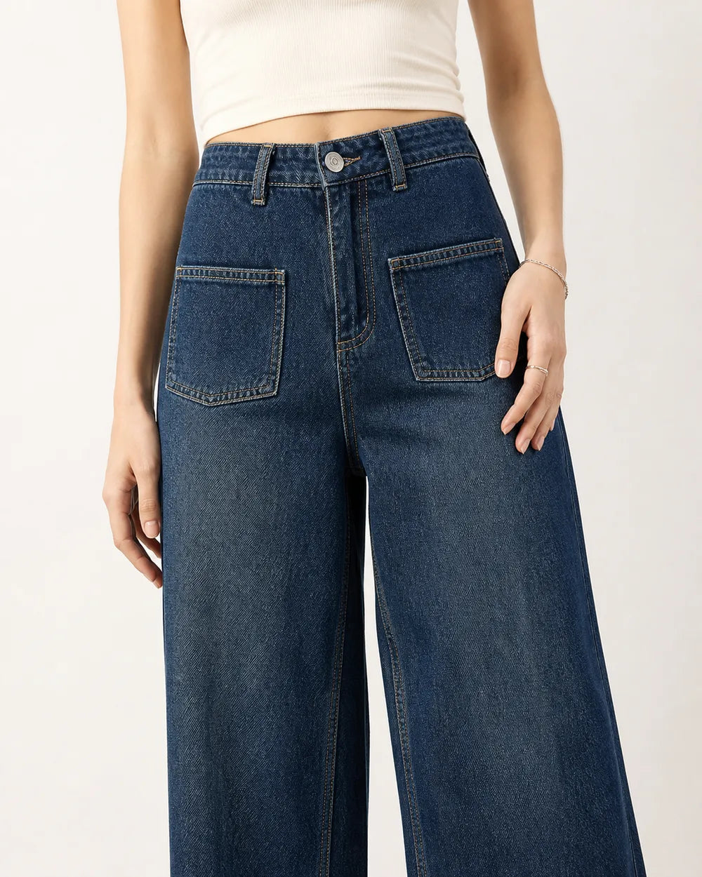Momount women retro blue high waist wide leg jeans