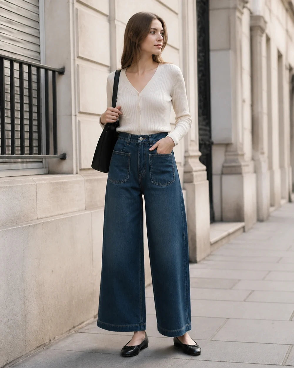 Momount women retro blue high waist wide leg jeans