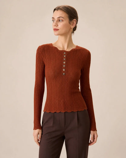 Women's rust fitted button-detail knit top, product-first worn front view