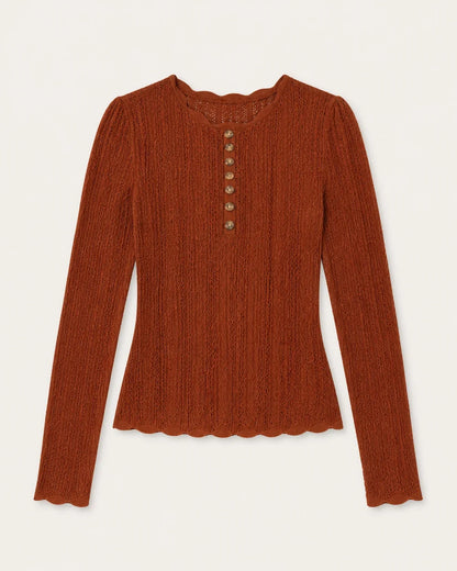 Women's rust fitted button-detail knit top, product-only flat lay