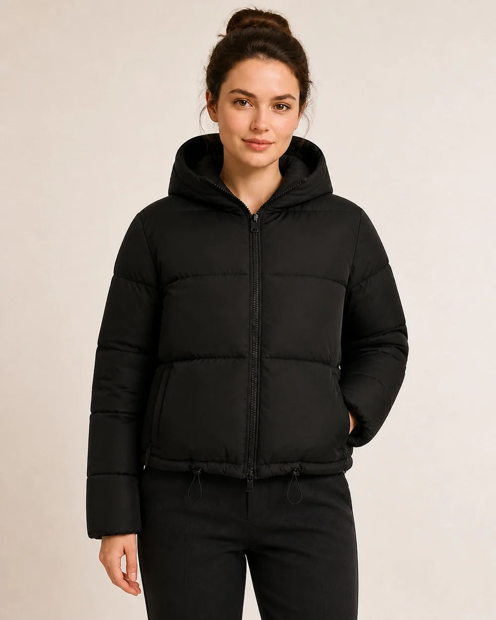 Momount women short hooded puffer jacket black