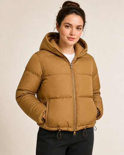 Momount women short hooded puffer jacket coffee
