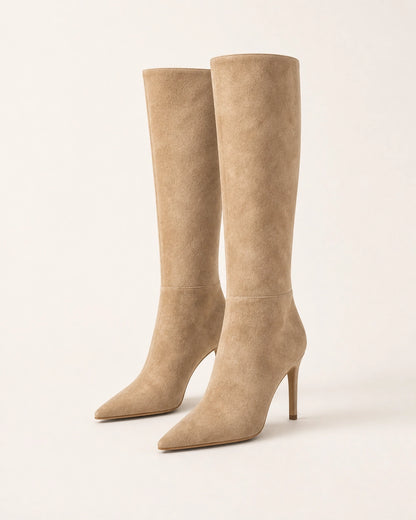 Momount women's khaki sleek stiletto knee-high boots, product-only view.