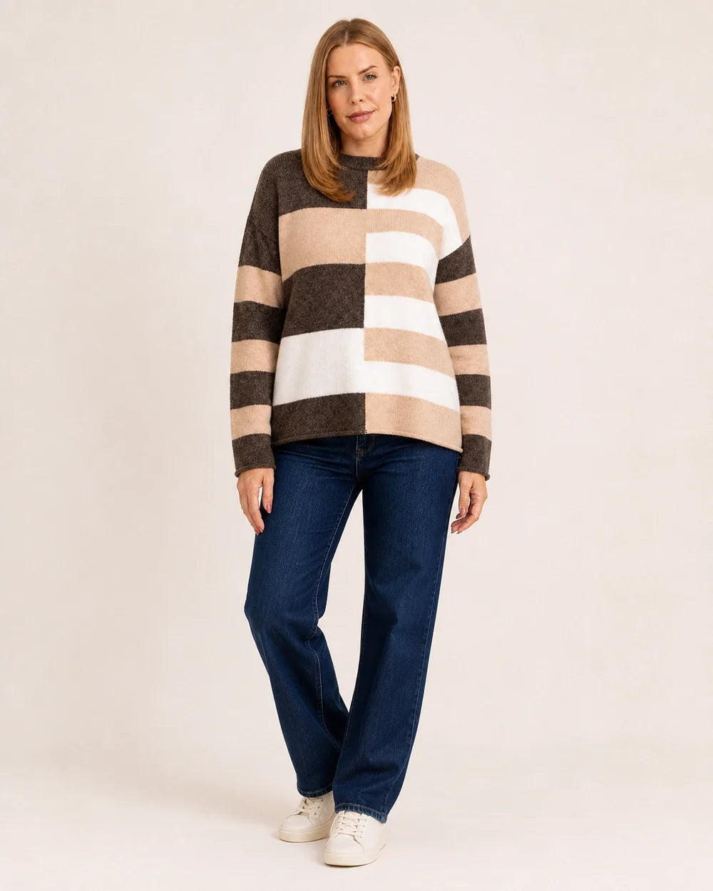Women's taupe colour-block stripe sweater, full-length styled view