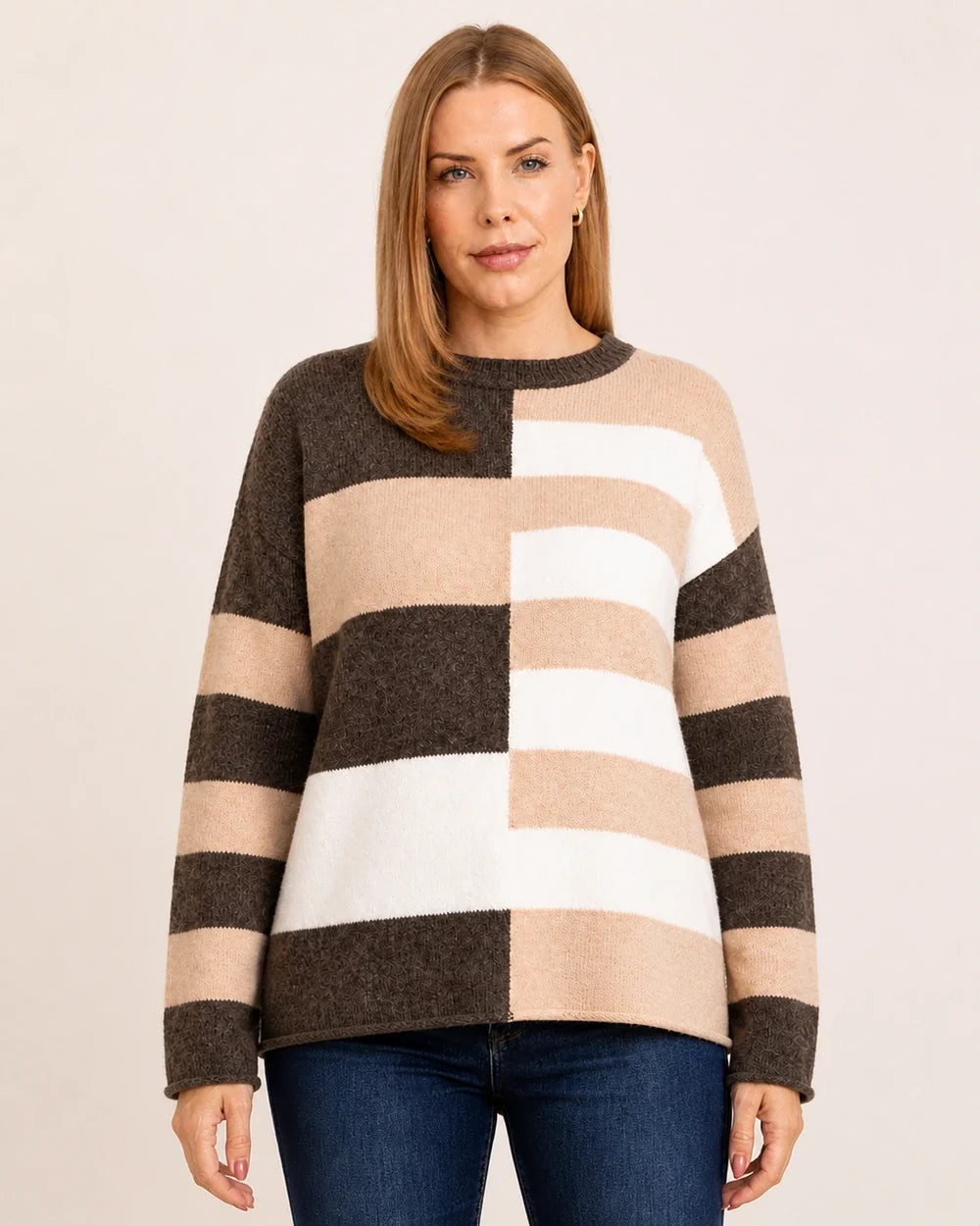Women's taupe colour-block stripe sweater, straight front view