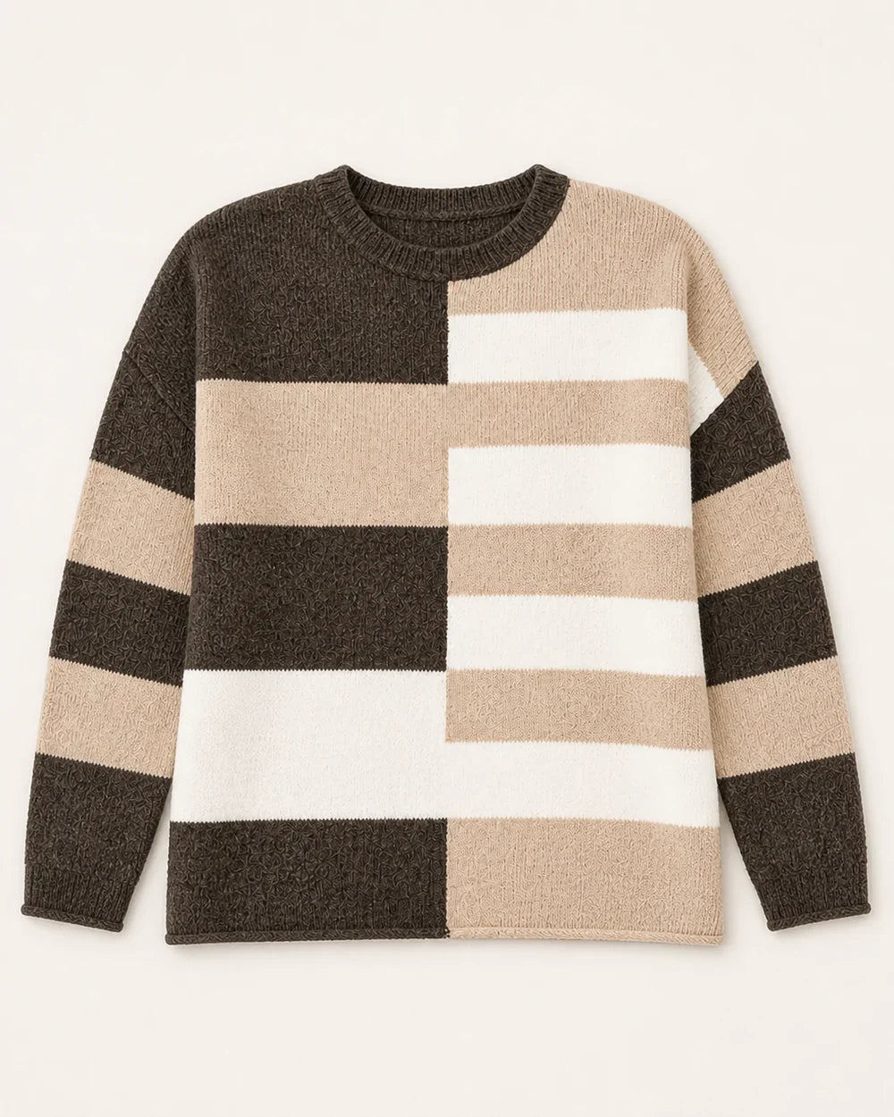 Women's taupe colour-block stripe sweater, product-only flat lay