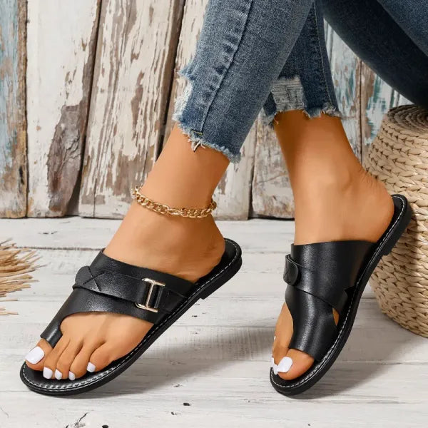 Momount Donna Sandali Bassi – Pelle Nera Anello al Dito Slide con Fibbia